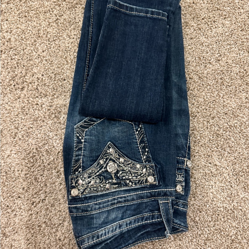 Miss Me Blue Skinny Jeans with Ornate Rhinestone Design - Picture 2 of 3